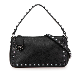 Valentino AB Valentino Black Calf Leather Small Pebbled skin Rockstud Flip Lock Satchel Italy