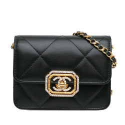 Chanel AB Chanel Black Calf Leather Quilted skin Strass Card Holder On Chain Italy