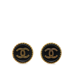 Chanel B Chanel Gold with Black Gold Plated Metal Acrylic CC Button Clip On Earrings France