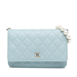 Chanel B Chanel Blue Light Blue Lambskin Leather Leather CC Lambskin Pearl Wallet On Chain Italy