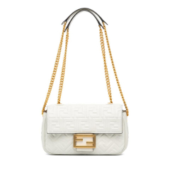 Fendi B Fendi White Calf Leather Zucca Embossed Chain Midi Baguette Italy