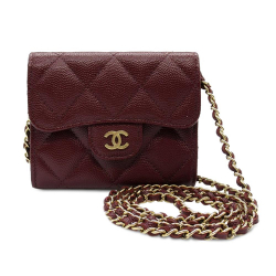 Chanel AB Chanel Red Bordeaux Caviar Leather Leather CC Quilted Caviar Flap Card Holder on Chain Italy