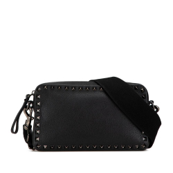 Valentino B Valentino Black Calf Leather Grainy skin Rockstud Crossbody Italy