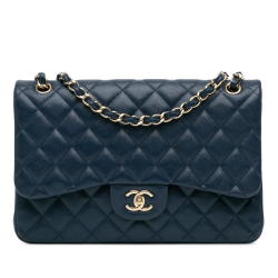 Chanel B Chanel Blue Caviar Leather Leather Jumbo Classic Caviar Double Flap France