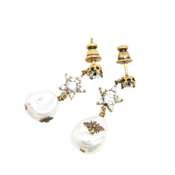 Christian Dior AB Dior Gold Pearl Gold Plated Metal Crystal Star Bee Faux Pearl Drop Earrings Italy