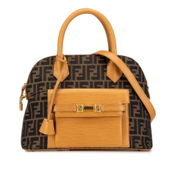 Fendi B Fendi Brown with Yellow Canvas Fabric Zucca Pocket Satchel Italy