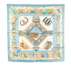 Hermès AB Hermès Blue Light Blue Silk Fabric Charmes des Plages Normandes Scarf France