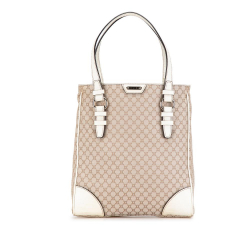 Celine B Celine Brown Beige with White Canvas Fabric Embossed Leather-Trimmed Macadam Tote China