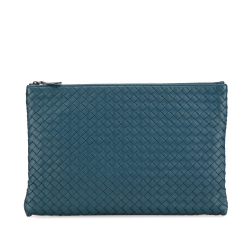 Bottega Veneta Blue Large Nappa Intrecciato Flat Zip Biletto Pouch Italy