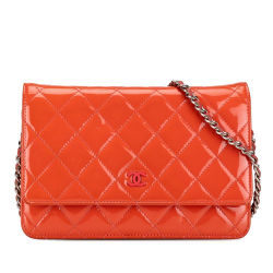 Chanel B Chanel Orange Dark Orange Patent Leather Leather Quilted Patent Wallet On Chain Spain