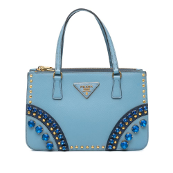 Prada B Prada Blue Light Blue Saffiano Leather Mini Lux Crystal Embellished Galleria Double Zip Italy