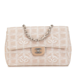 Chanel B Chanel Brown Light Beige Nylon Fabric Medium New Travel Line Classic Single Flap Italy