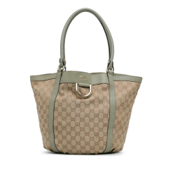 Gucci B Gucci Brown Beige with Green Light Green Canvas Fabric GG Abbey D-Ring Shoulder Bag Italy