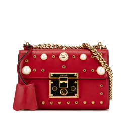 Gucci AB Gucci Red Calf Leather Small Pearl Studded Padlock Crossbody Italy