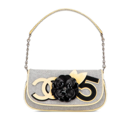 Chanel AB Chanel Gray with Yellow Light Yellow Canvas Fabric Camellia CC No. 5 Shoulder Bag Italy