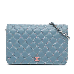 Chanel B Chanel Blue Lambskin Leather Leather Quilted Lambskin Double Stitch Wallet On Chain Italy