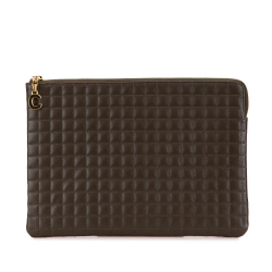 Celine B Celine Brown Dark Brown Calf Leather Quilted skin C Charm Clutch Italy