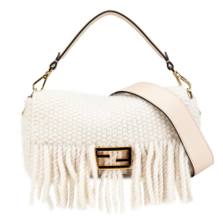 Fendi AB Fendi White Ivory Wool Fabric Knitted Fringe Baguette Satchel Italy