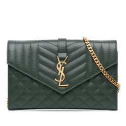 Saint Laurent B Saint Laurent Green Calf Leather Grain De Poudre Triquilt Monogram Envelope Wallet on Chain Italy