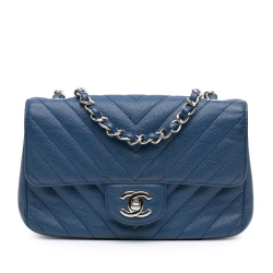 Chanel Blue Mini Rectangular Classic Chevron Caviar Single Flap Italy