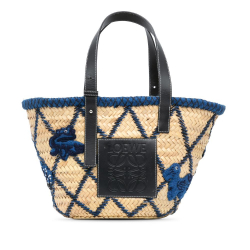 Loewe B LOEWE Brown Beige with Blue Raffia Natural Material Medium Animal Embroidered Basket Bag Spain