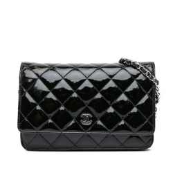 Chanel B Chanel Black Patent Leather Leather CC Quilted Patent Wallet On Chain France