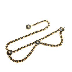 Chanel AB Chanel Gold with Black Gold Plated Metal CC Button Leather Woven Chain Belt France