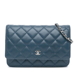 Chanel B Chanel Blue Navy Lambskin Leather Leather CC Quilted Lambskin Wallet On Chain France