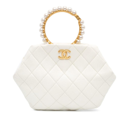 Chanel AB Chanel White Ivory Lambskin Leather Leather Quilted Lambskin Pearl Crown Handle Clutch Bag Italy