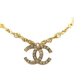 Chanel B Chanel Gold Gold Plated Metal CC Rhinestone Pendant Necklace France