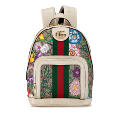 Gucci B Gucci Brown Beige with Multi Coated Canvas Fabric Small GG Supreme Flora Ophidia Backpack Italy