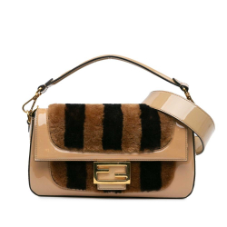 Fendi B Fendi Brown Beige Fur Natural Material Shearling Pequin Baguette Satchel Italy