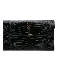 Saint Laurent AB Saint Laurent Black Calf Leather Croc Embossed Uptown Clutch Italy