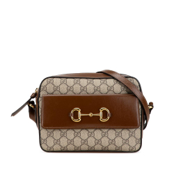 Gucci B Gucci Brown Beige Coated Canvas Fabric Small GG Supreme Horsebit 1955 Crossbody Italy