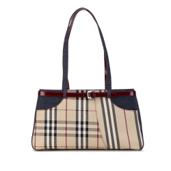 Burberry B Burberry Brown Beige Canvas Fabric Denim Trimmed House Check Shoulder Bag United Kingdom