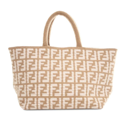 Fendi AB Fendi Brown Beige with White Knit Fabric Large Zucca Cashmere Shopper Tote Italy