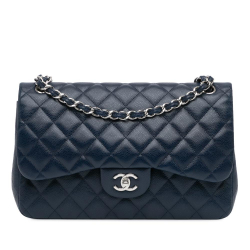 Chanel B Chanel Blue Dark Blue Caviar Leather Leather Jumbo Classic Caviar Double Flap Italy