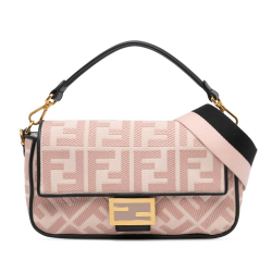 Fendi AB Fendi Pink with Black Canvas Fabric Zucca Embroidered Baguette Satchel Italy