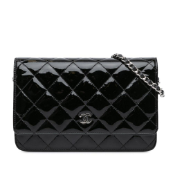 Chanel B Chanel Black Patent Leather Leather CC Quilted Patent Wallet On Chain France