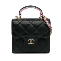 Chanel AB Chanel Black Lambskin Leather Leather Bicolor Lambskin Top Handle Clutch with Chain Italy