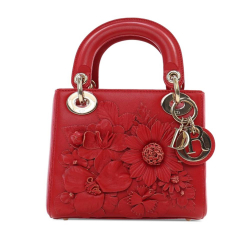 Christian Dior B Dior Red Lambskin Leather Leather Mini Lambskin DiorAmour Applique Flower Lady Dior Italy