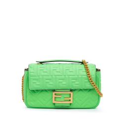 Fendi B Fendi Green Calf Leather Zucca Embossed Chain Midi Baguette Italy