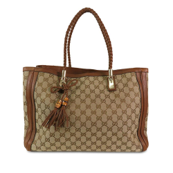 Gucci B Gucci Brown Beige Canvas Fabric Medium GG Bella Tote Italy