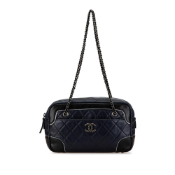 Chanel B Chanel Blue Navy with Black Lambskin Leather Leather CC Quilted Lambskin Camera Bag Italy