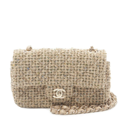 Chanel AB Chanel Brown Beige with Gold Tweed Fabric Mini Rectangular Classic Single Flap France