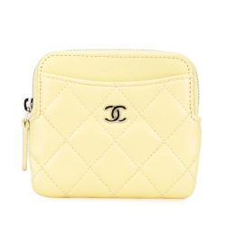 Chanel B Chanel Yellow Light Yellow Lambskin Leather Leather CC Quilted Lambskin Zipped Coin Purse Italy