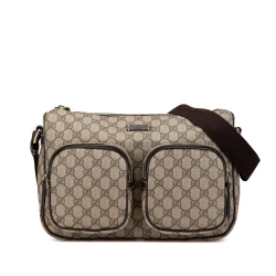 Gucci B Gucci Brown Beige Coated Canvas Fabric GG Supreme Double Pocket Crossbody Italy