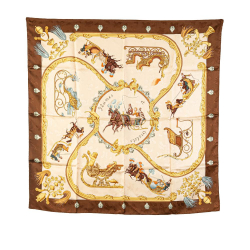 Hermès AB Hermès Brown Beige Silk Fabric Plumes Et Grelots Scarf France