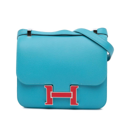 Hermès AB Hermès Blue Light Blue with Red Calf Leather Epsom Enamel Constance 24 France