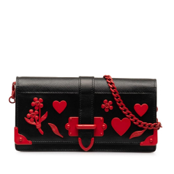 Prada B Prada Black Calf Leather Saffiano City Cahier Heart and Flower Wallet on Chain Italy